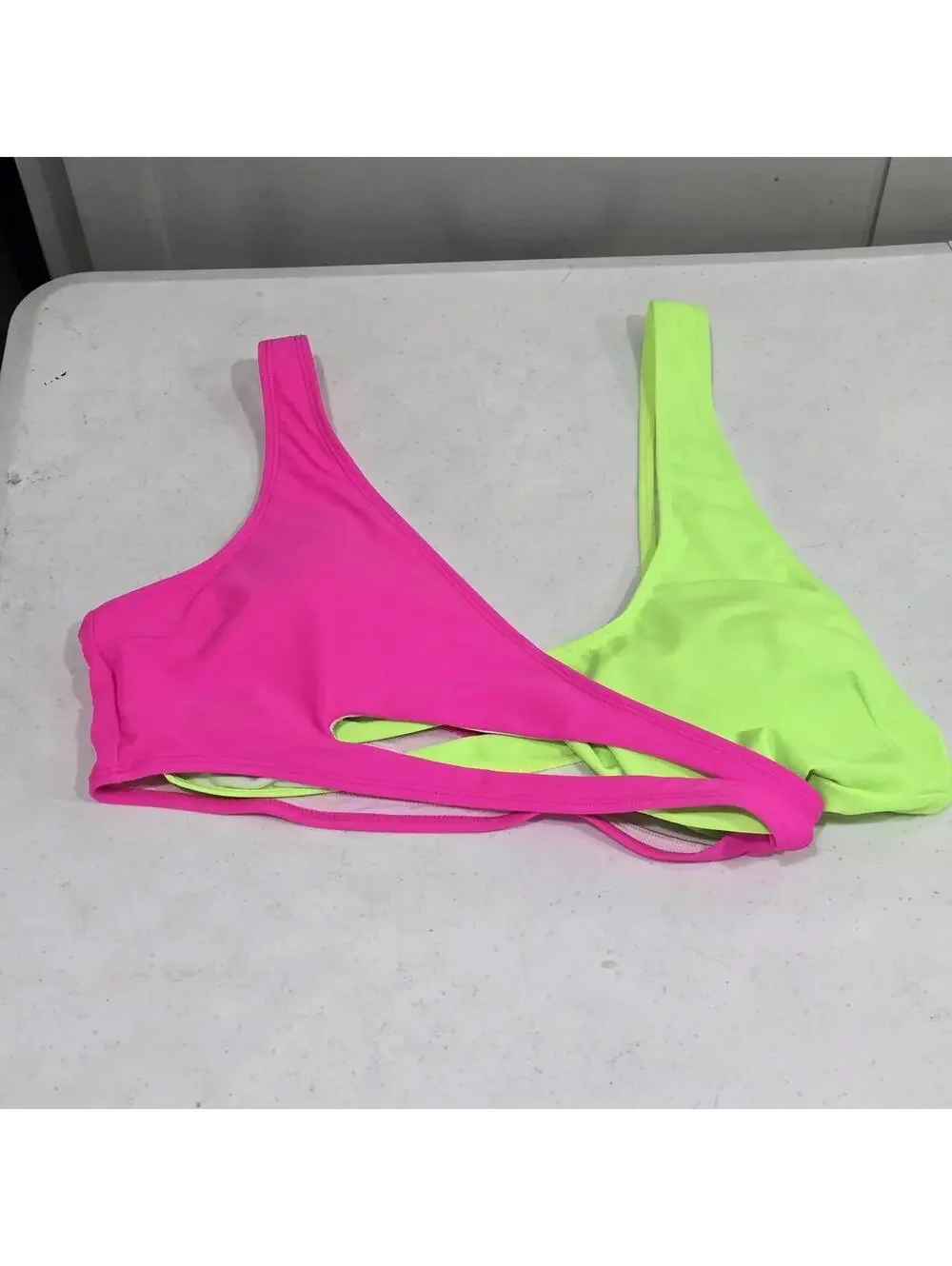-Neon green and pink bikini top